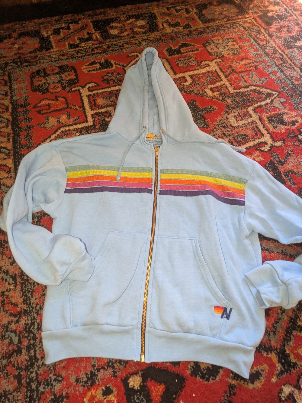 Aviator Nation Light Blue Zip-Up Hoodie with Rainbow Chest Stripes